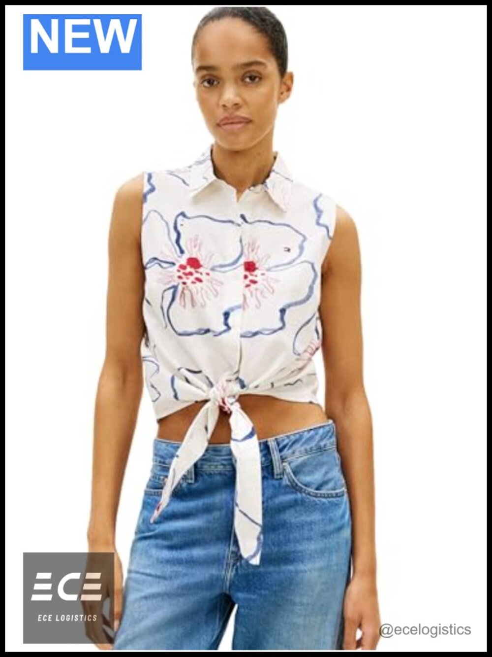 Lightweight Linen Sleeveless Button Down Blouse with Front Tie